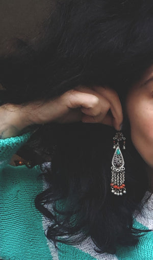 Uzbek Silver Turquoise Coral Earrings