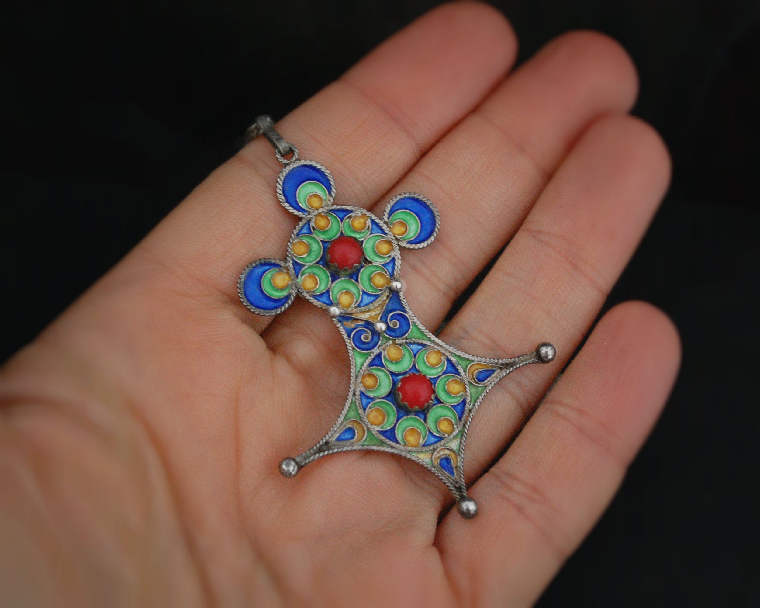 Berber Enamel Cross Pendant on Silver Chain
