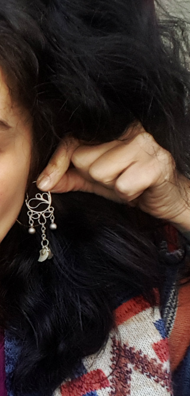 Uzbek Silver Hoop Earrings with Tassels and Bells