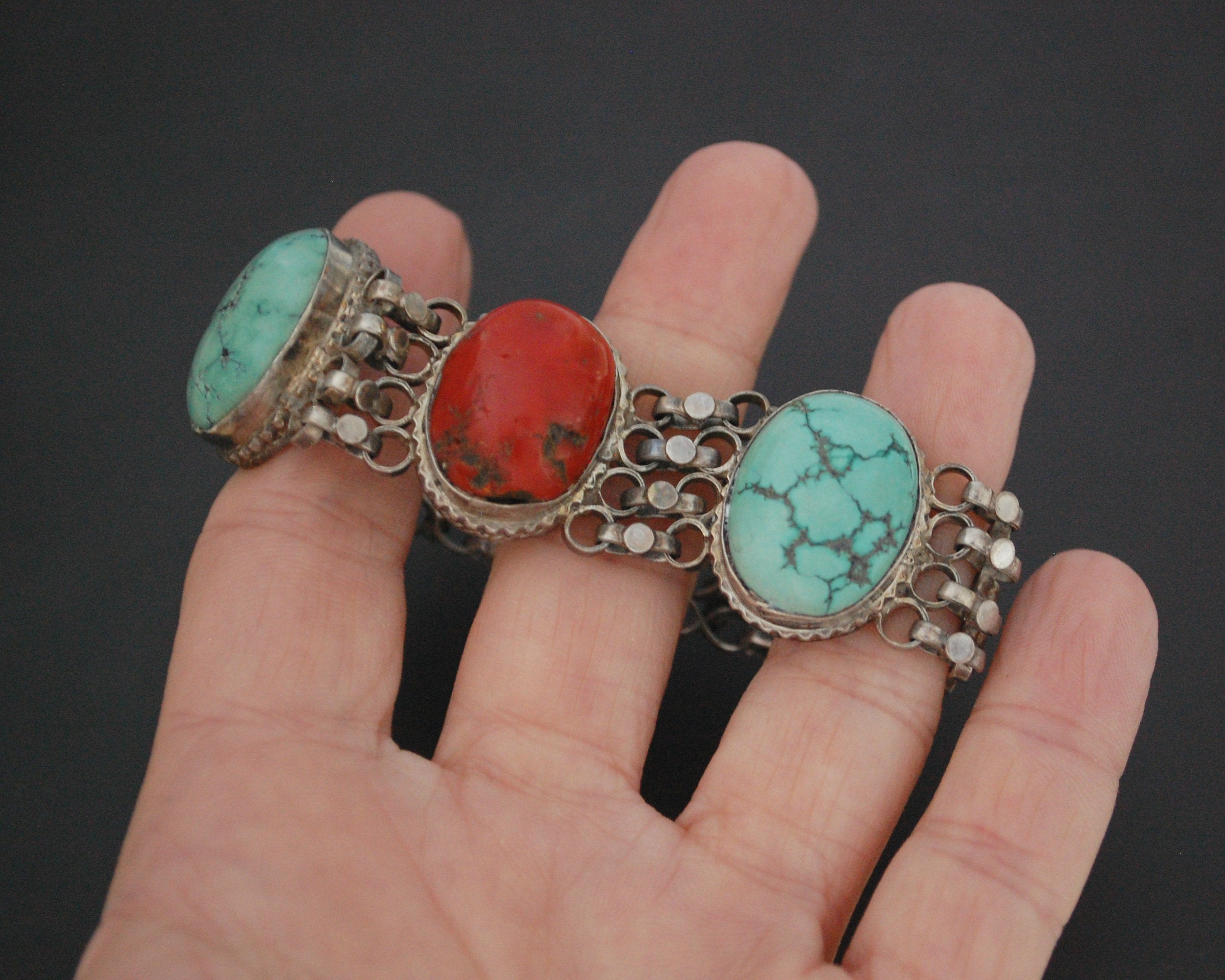 Ethnic Coral Turquoise Link Bracelet - SMALL