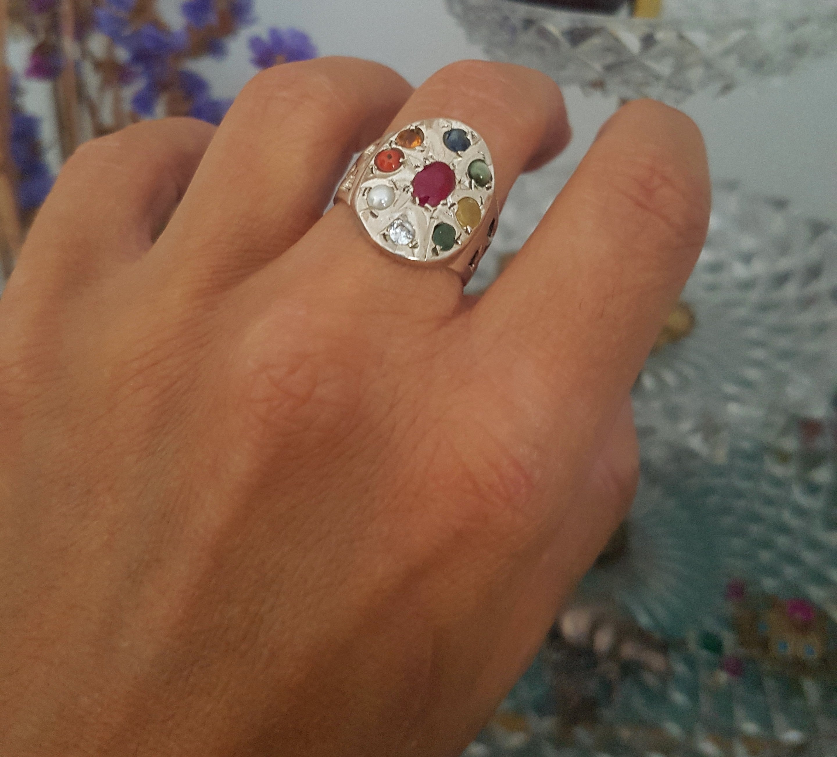 Navaratna Indian Astrology Ring - Size 7.25 - Nine Gemstone Ring