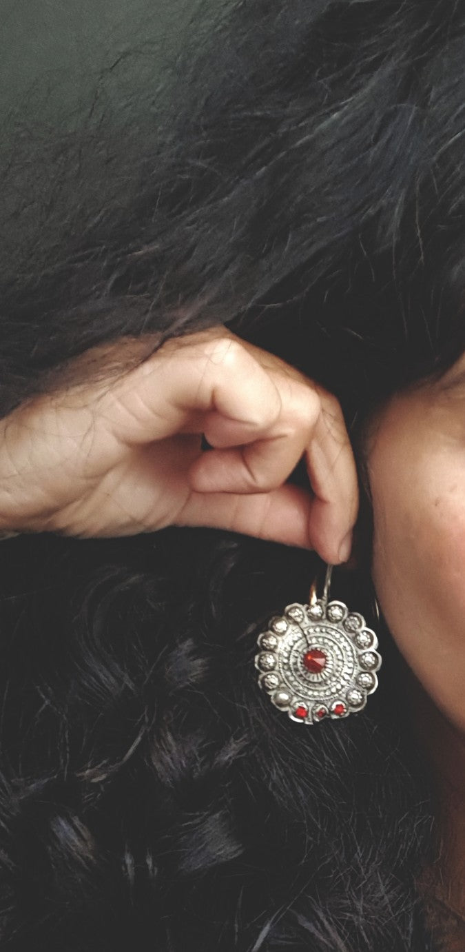 Large Afghani Disc Earrings with Red Glass