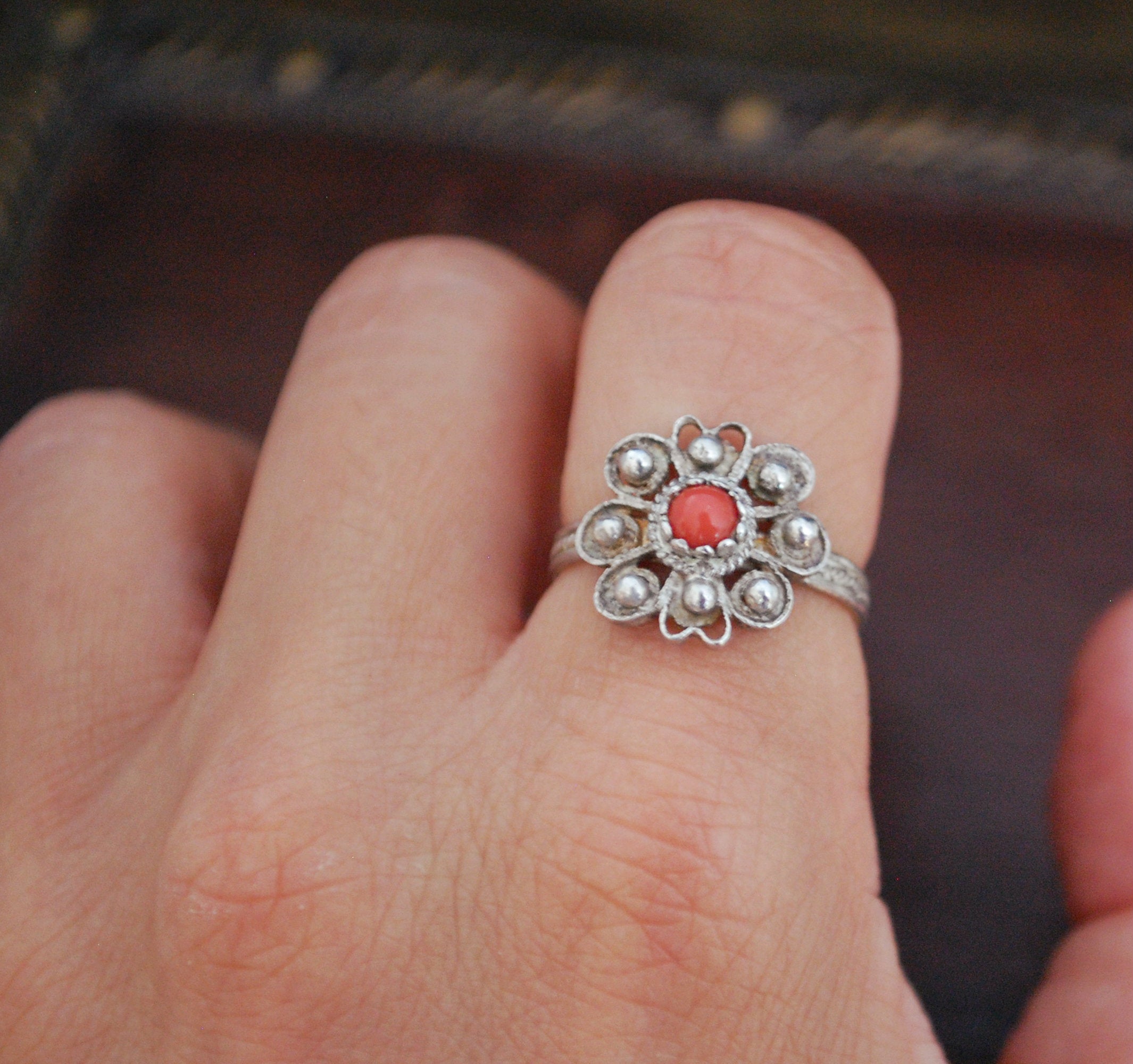 Old Croatian Filigree Coral Ring - Size 7