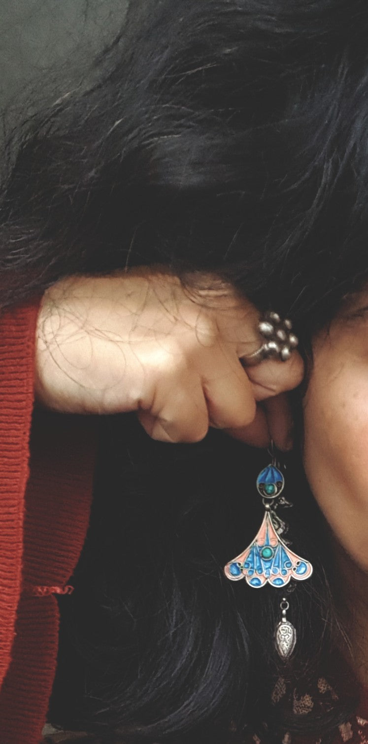 Pretty Turkmen Earrings with Enamel and Turquoise