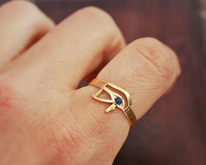18K Gold Eye of Horus Ring with Lapis Lazuli