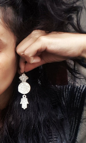 Large Berber Coin Earrings with Hamsa Charms