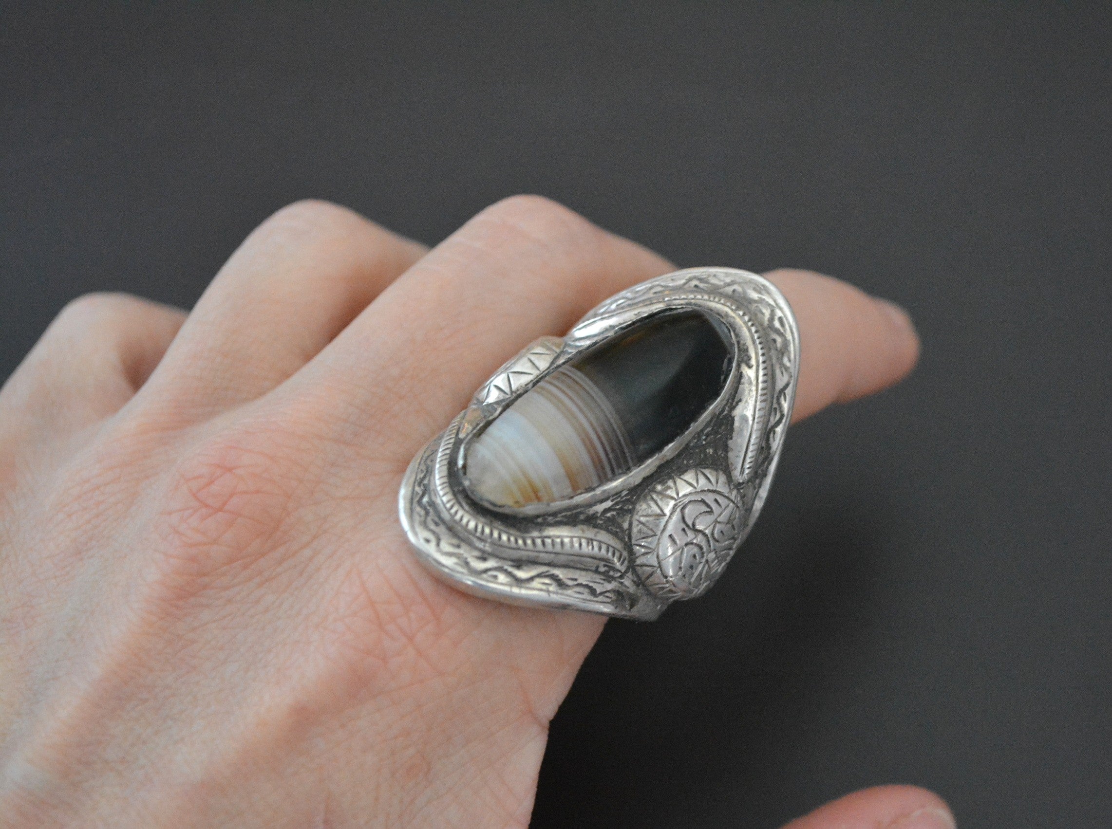 Huge Tibetan Banded Agate Ring - Size 12.5