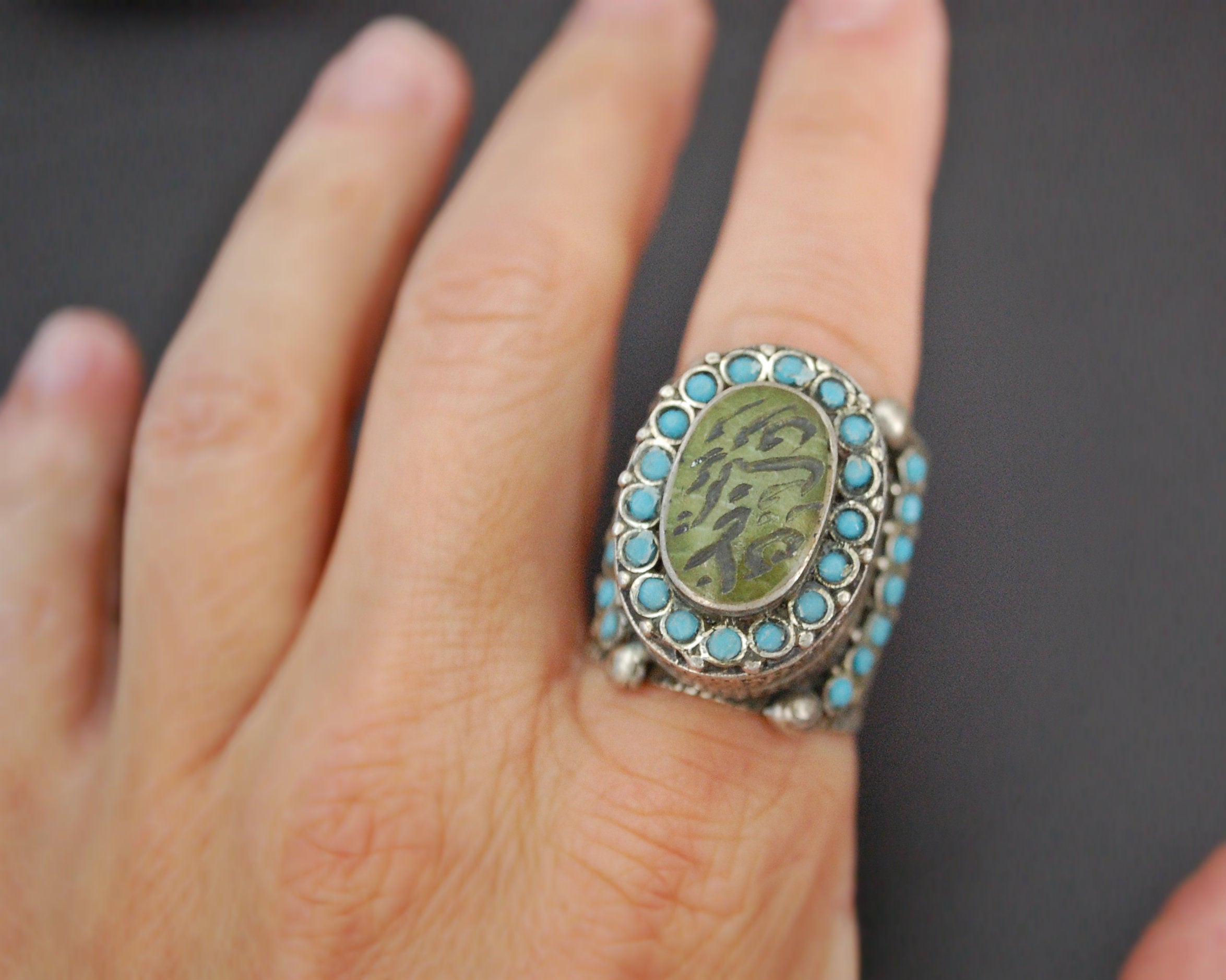 Antique Turkmen Ring with Turquoises - Size 9 / 9.5