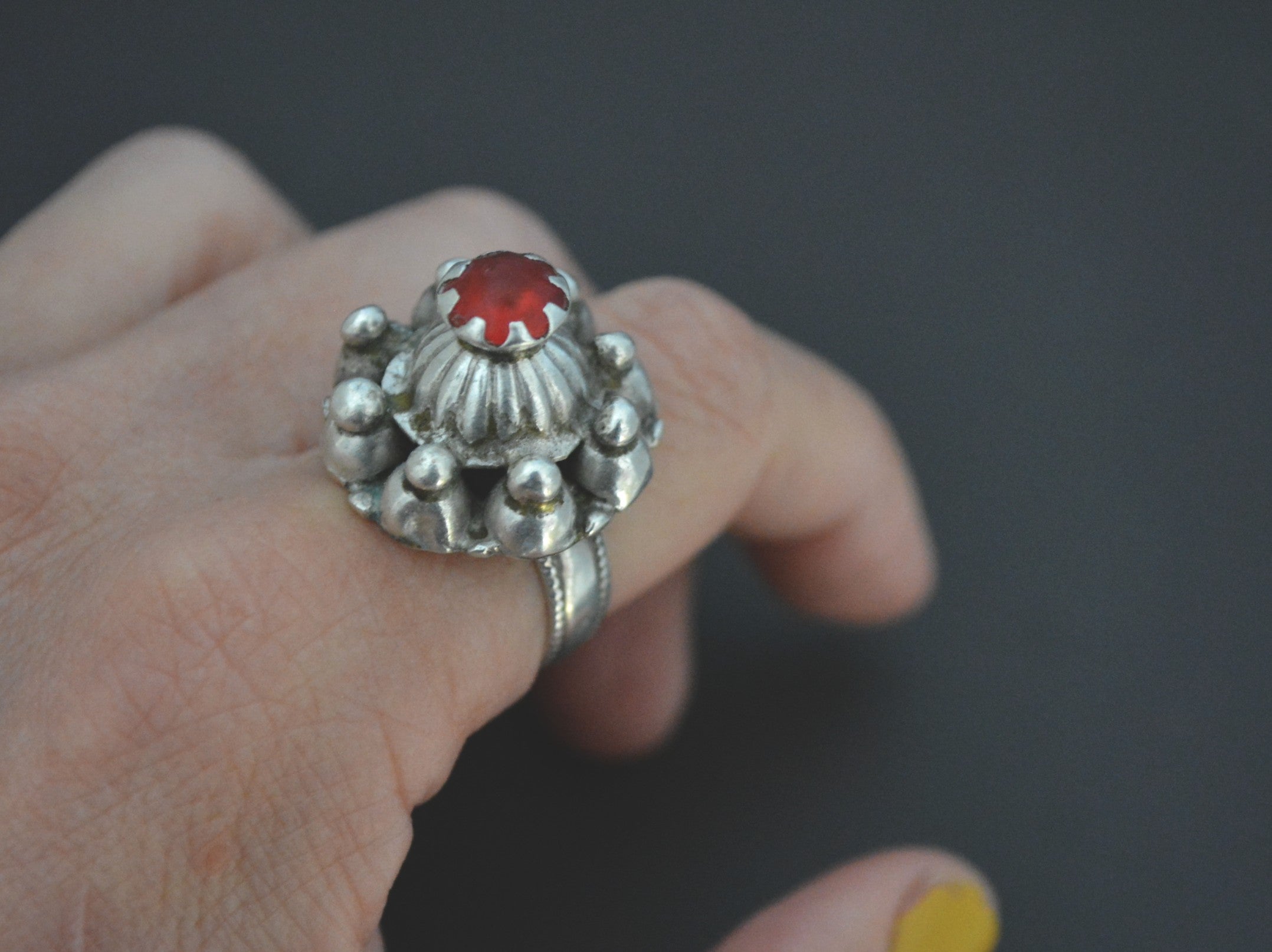 Pashtun Silver Ring with Red Glass - Size 8.5