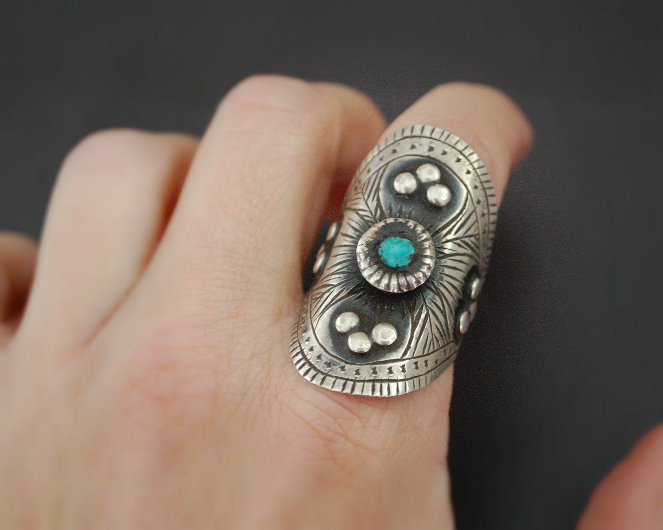 Ethnic Turquoise Ring - Size 8 Adjustable