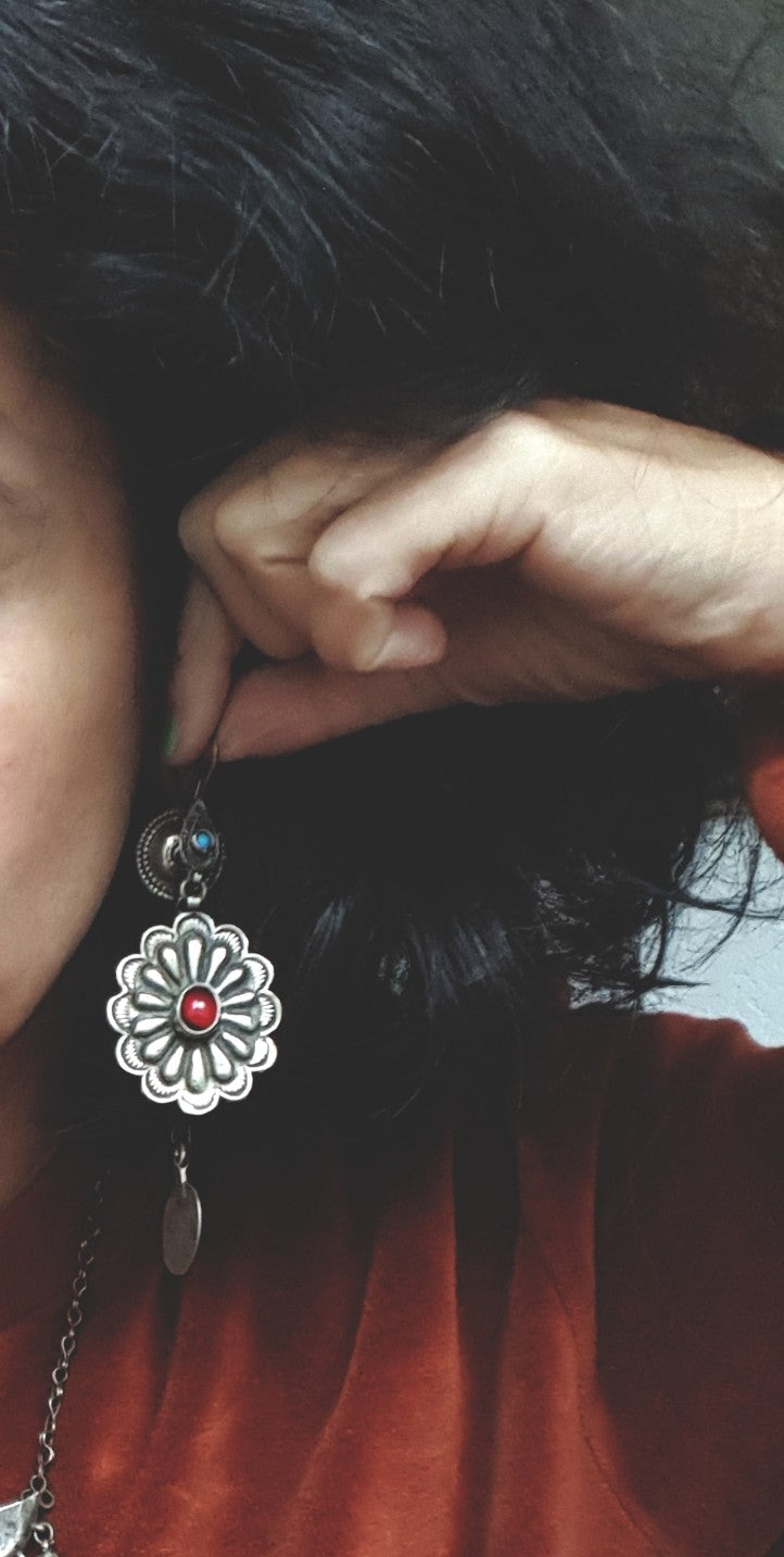 Turkmen Silver Earrings with Red Glass