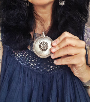 Tribal Silver Rajasthani Disc Pendant - LARGE