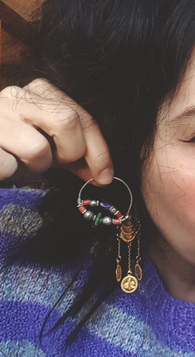 Uzbek Coral Glass Hoop Earrings
