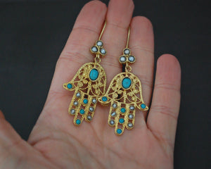 Gilded Hamsa Earrings Pearl and Turquoise