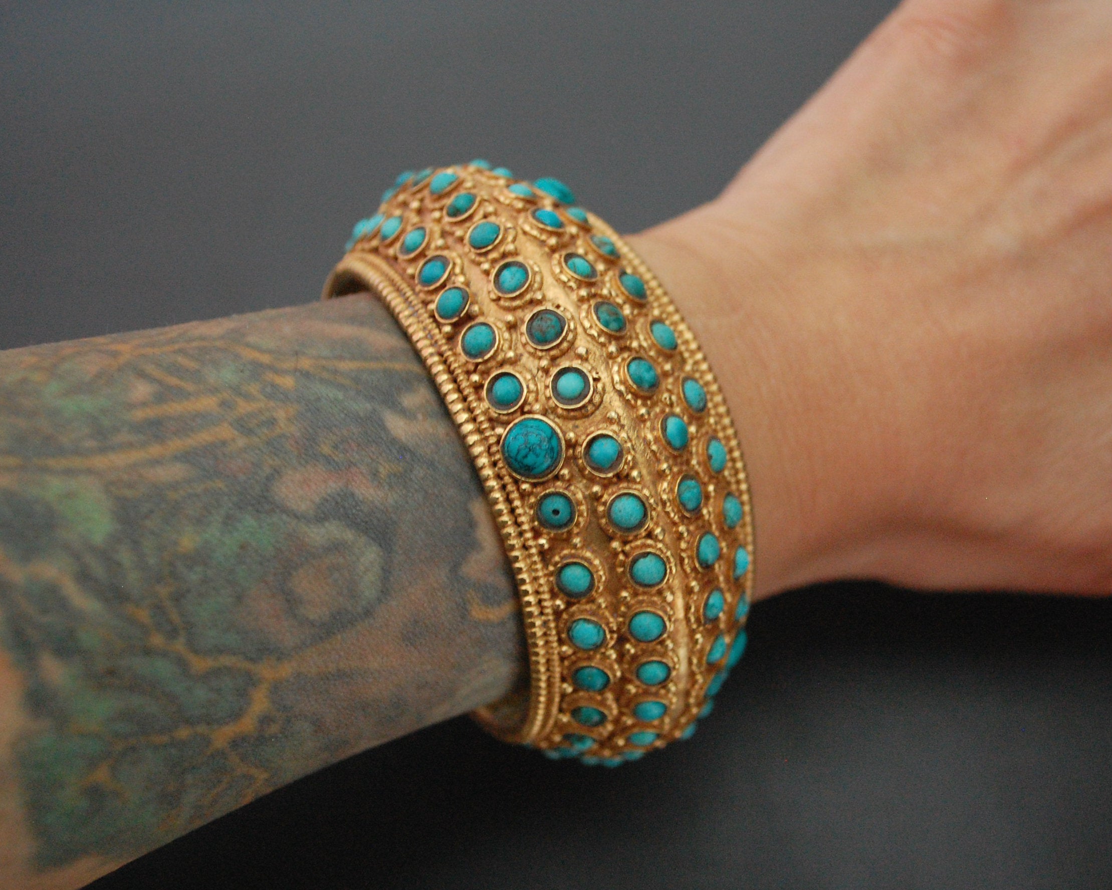 Gilded Nepali Cuff Bracelet with Turquoises