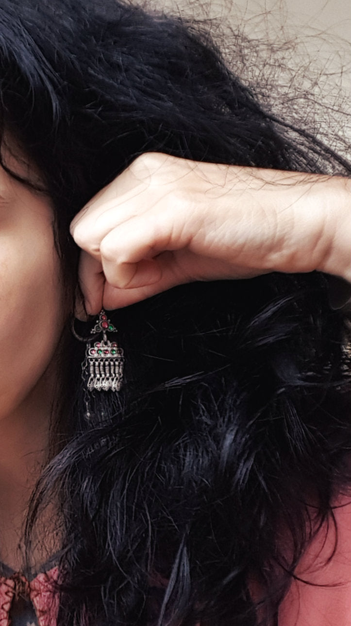 Afghani Earrings with Pink and Green Glass