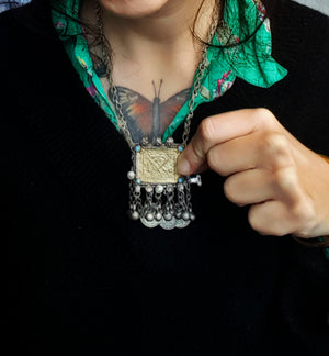 Antique Afghani Silver and Gilded Pendant with Bell Tassels