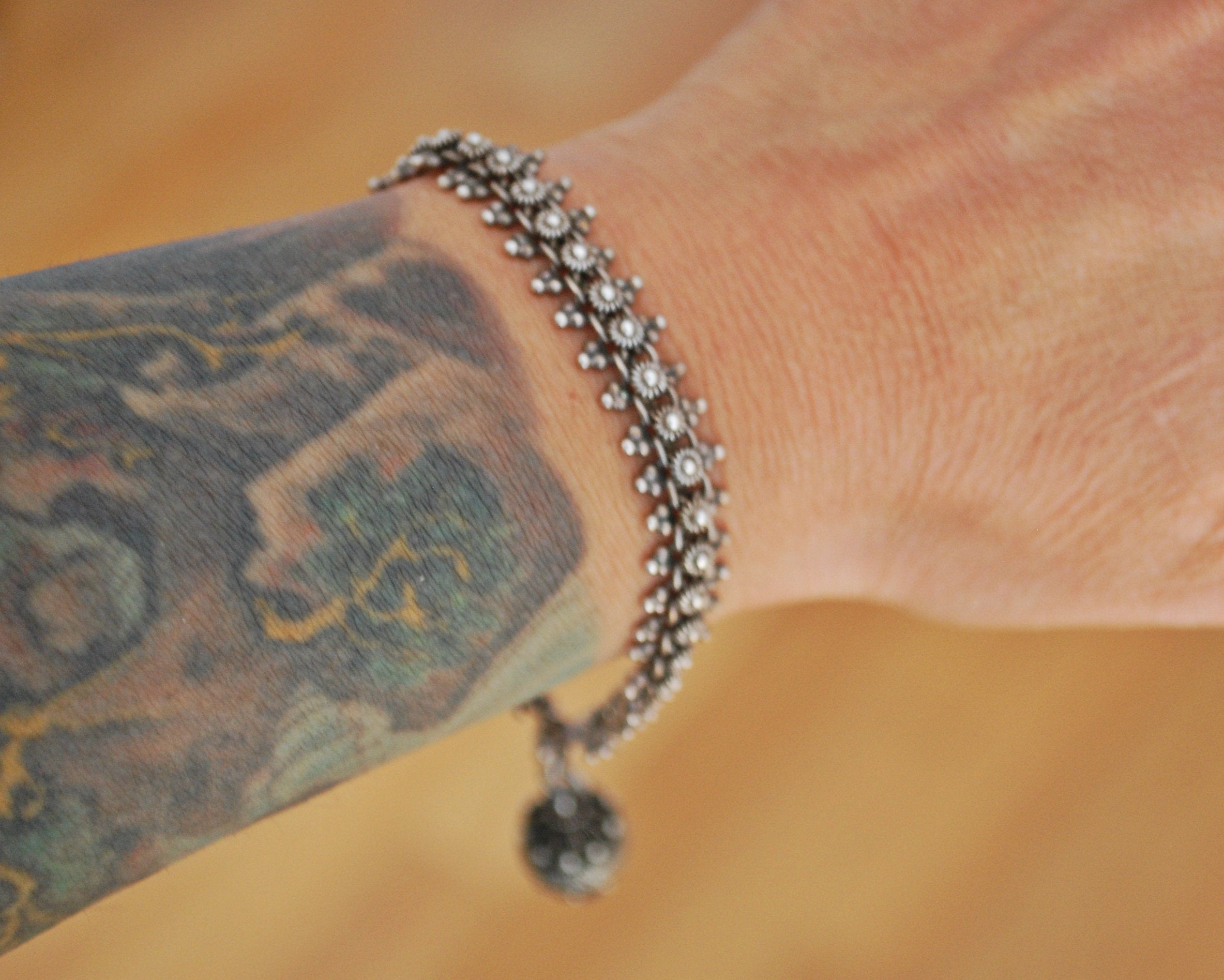 Ethnic Indian Link Bracelet with Filigree Coral Charm