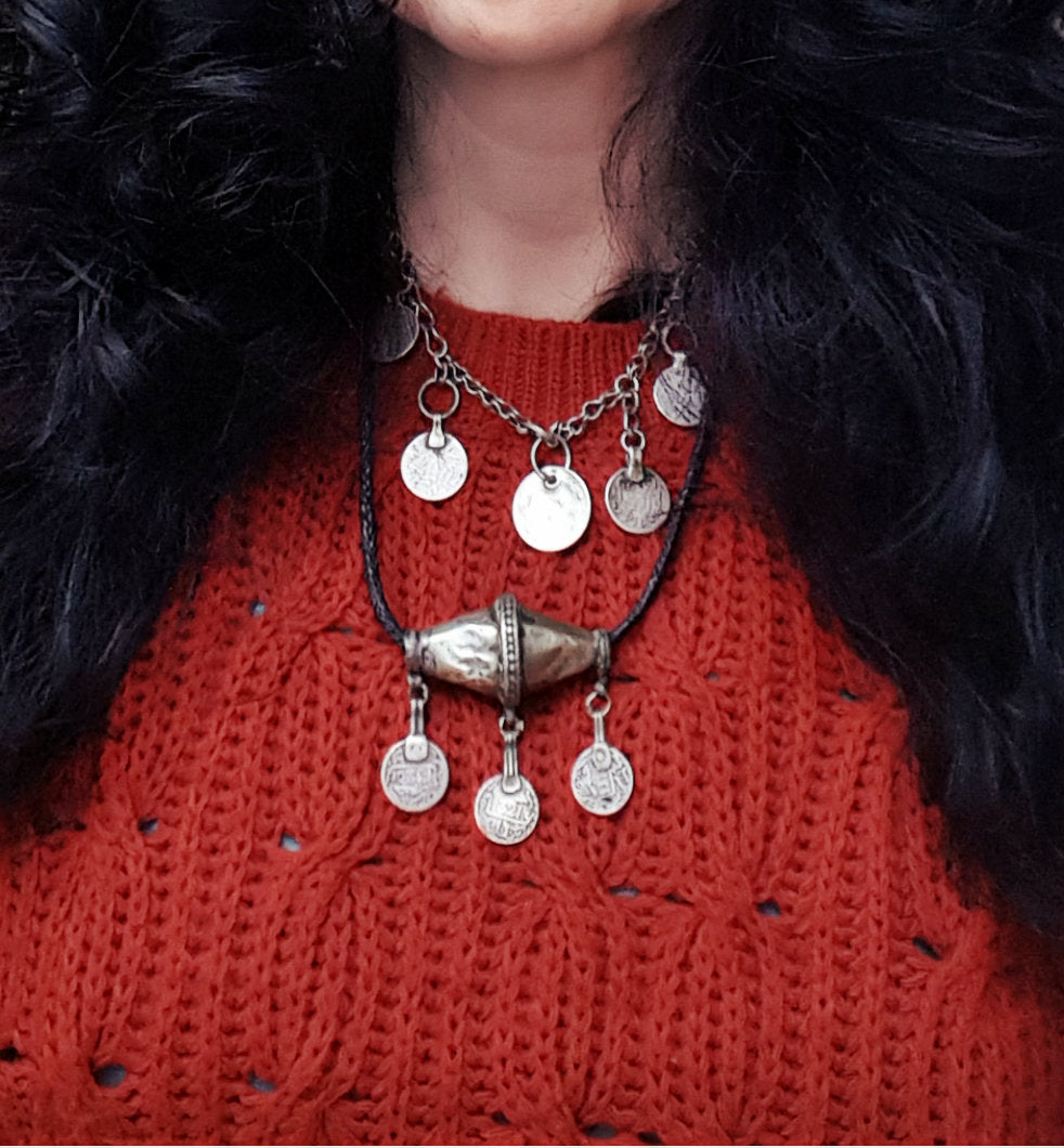 Berber Silver Bead Pendant with Coins