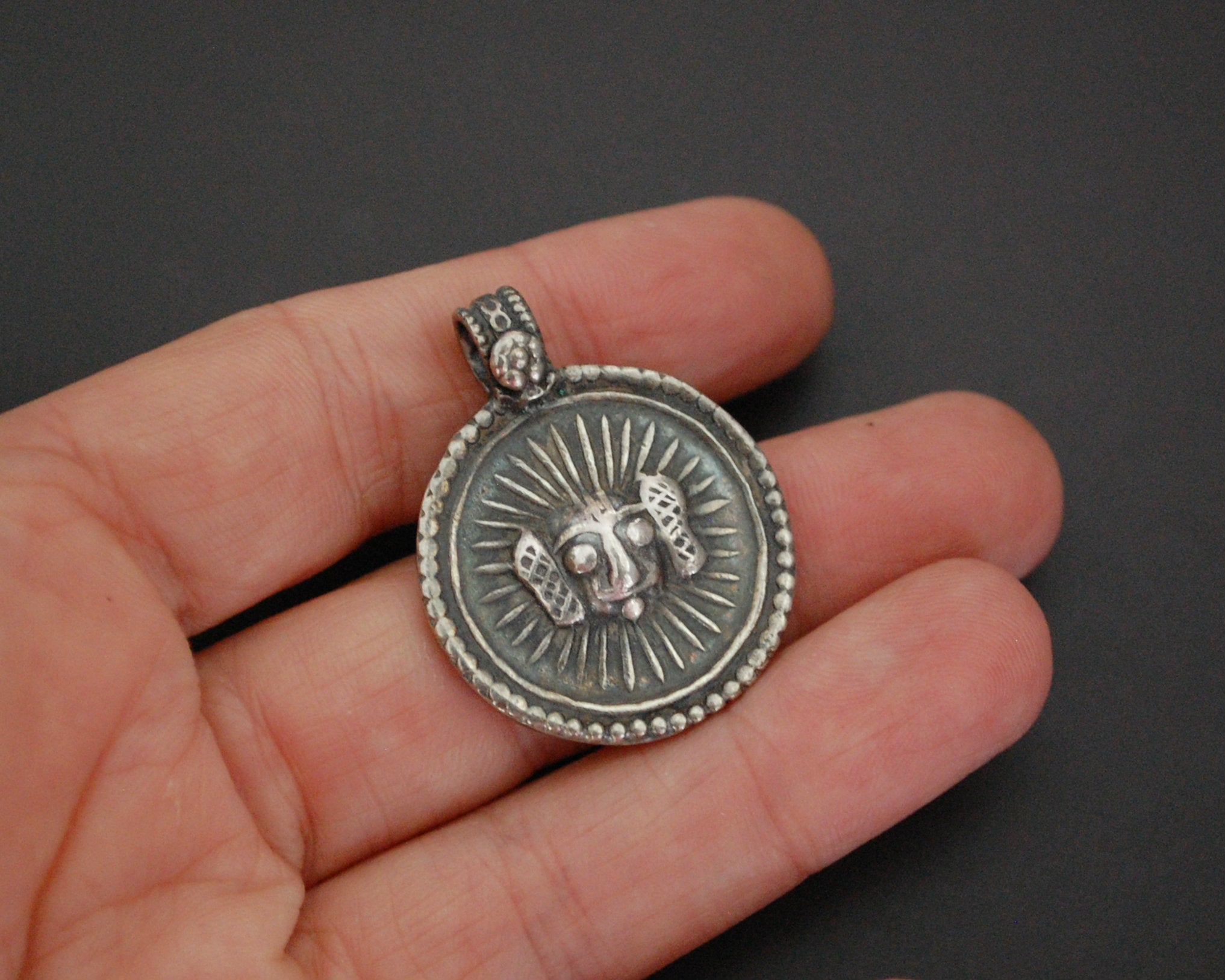 Indian Surya Silver Pendant with Flower on the Bale