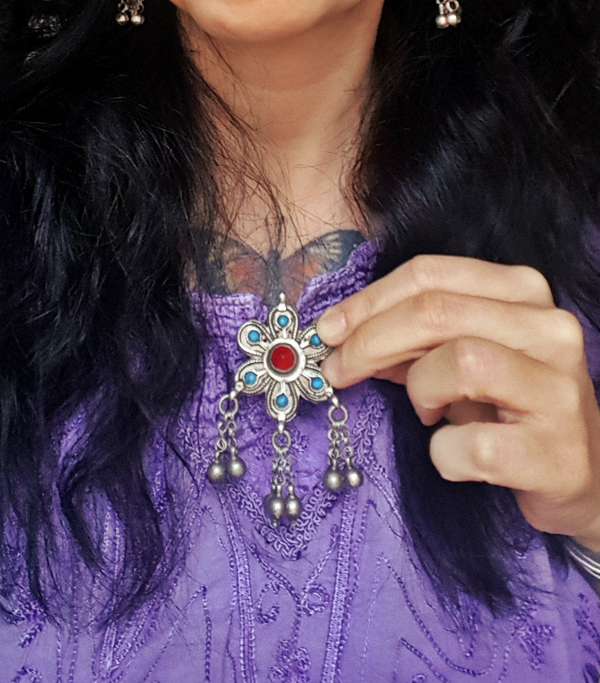 Antique Afghani Flower Pendant with Bells