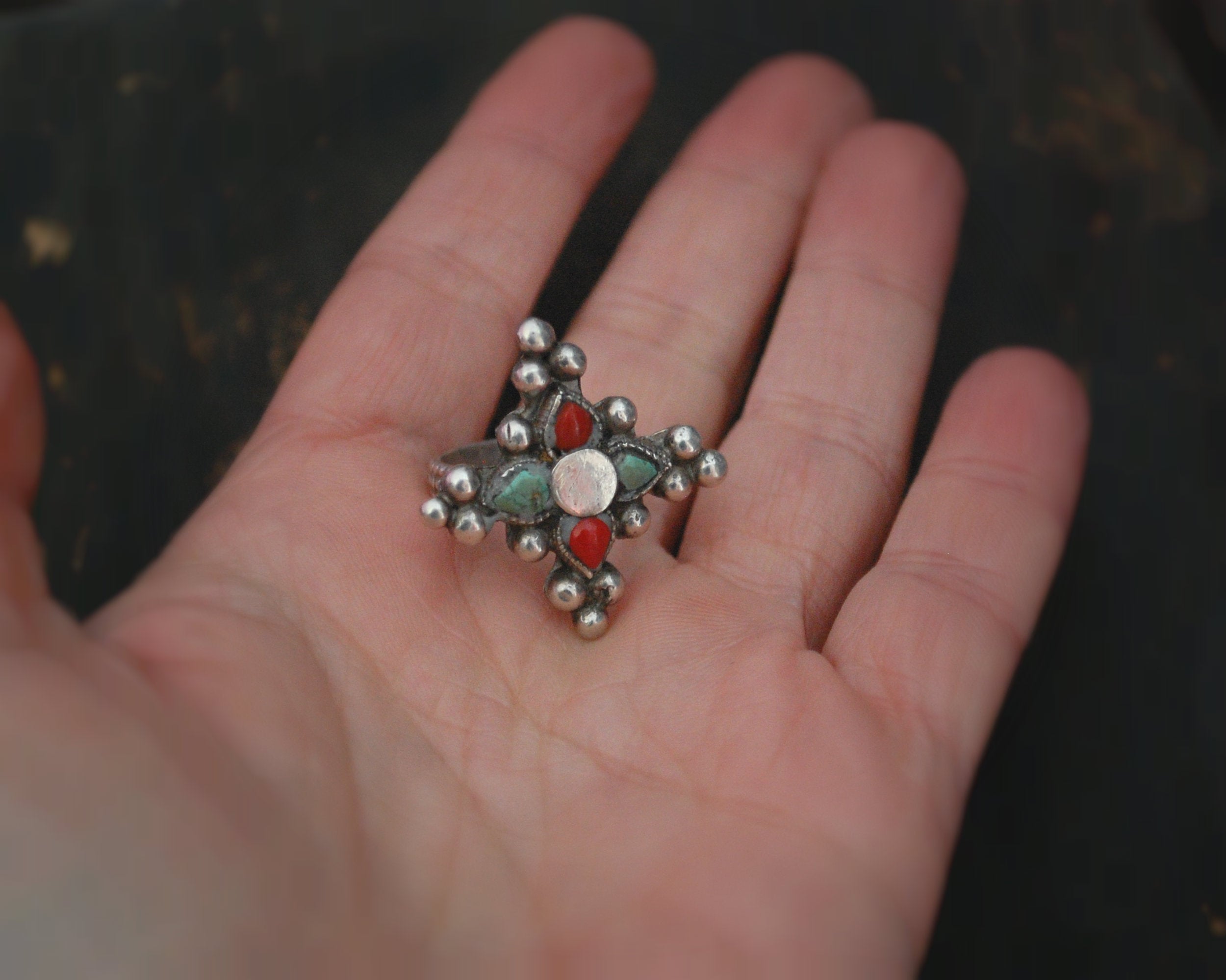 Ethnic Coral Turquoise Ring from Ladakh - Size 6.25
