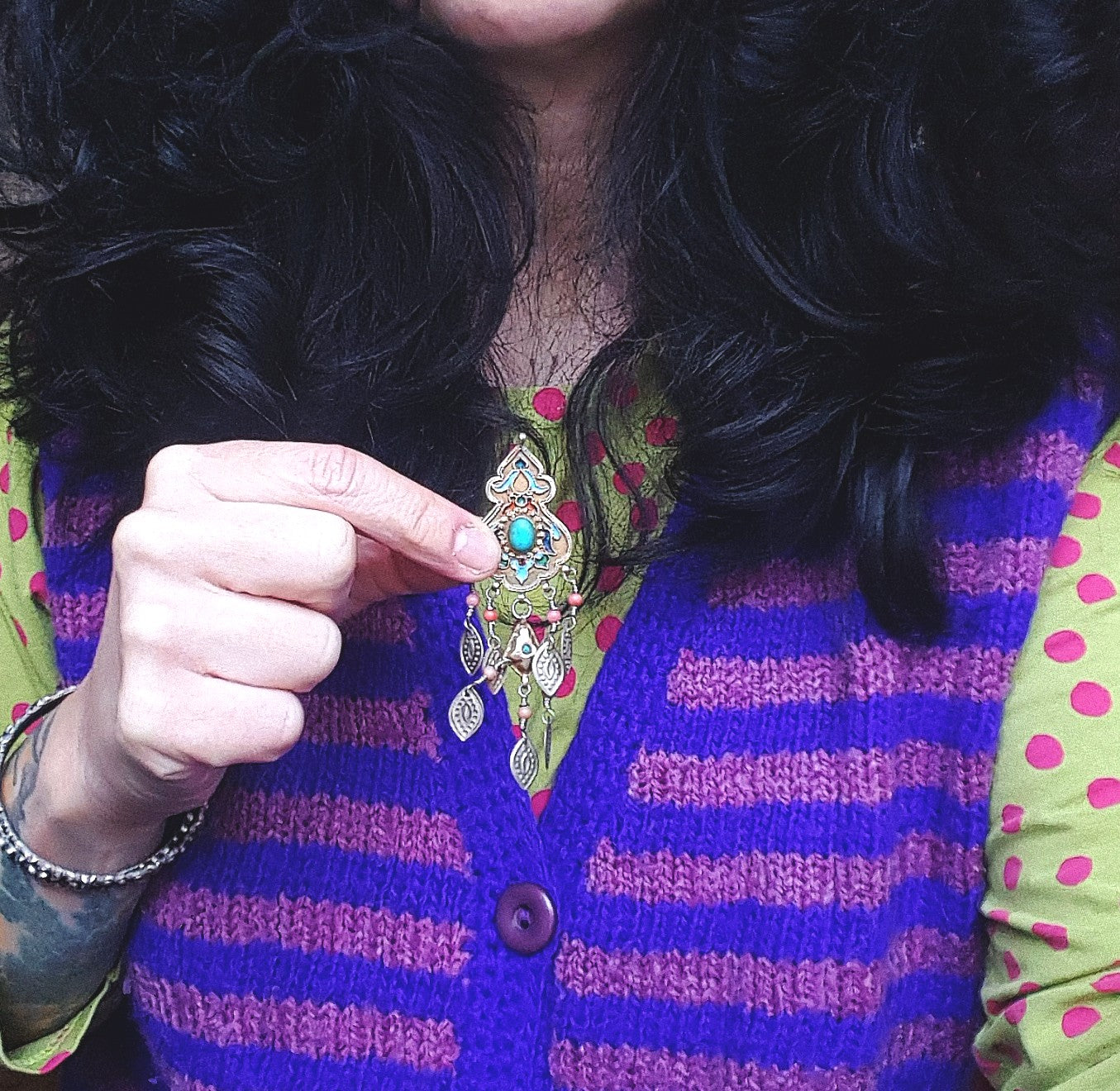 Old Gilded Uzbek Coral Turquoise Pendant with Enamel