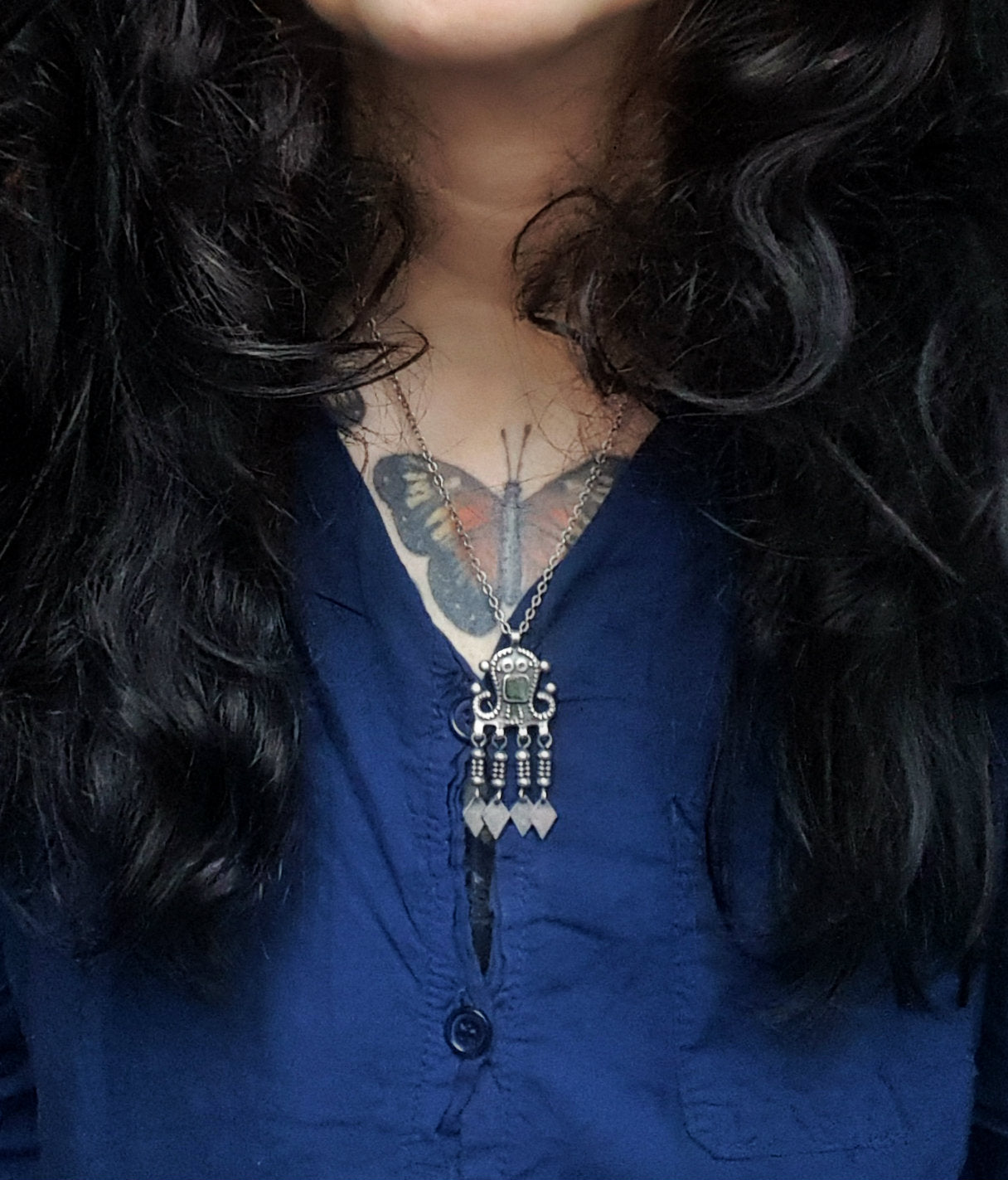 Ethnic Pendant with Tassels on Silver Chain - Green Stone