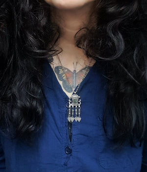 Ethnic Pendant with Tassels on Silver Chain - Green Stone