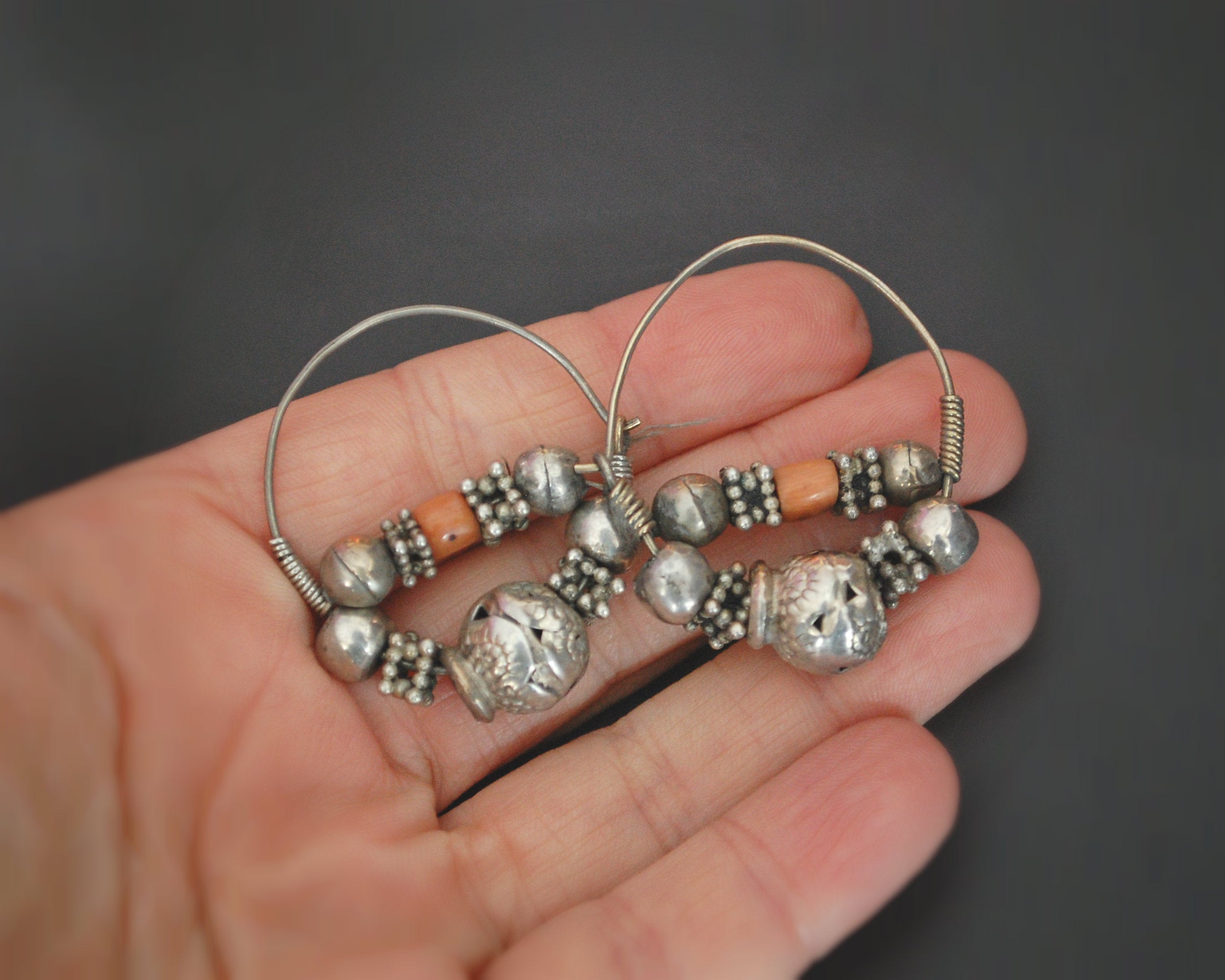 Uzbek Coral Silver Bead Hoop Earrings