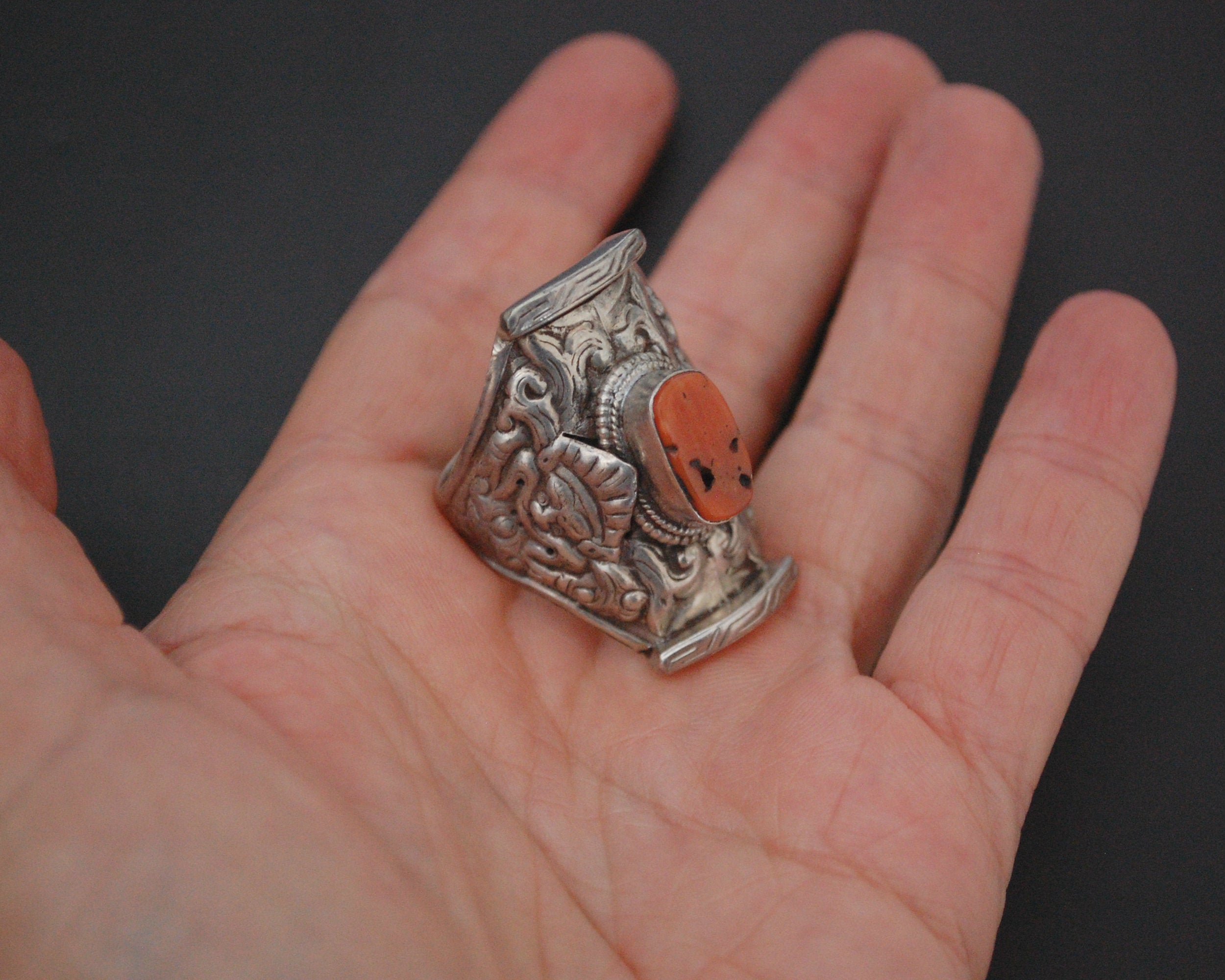 Large Tibetan Coral Saddle Ring - Size 12.5
