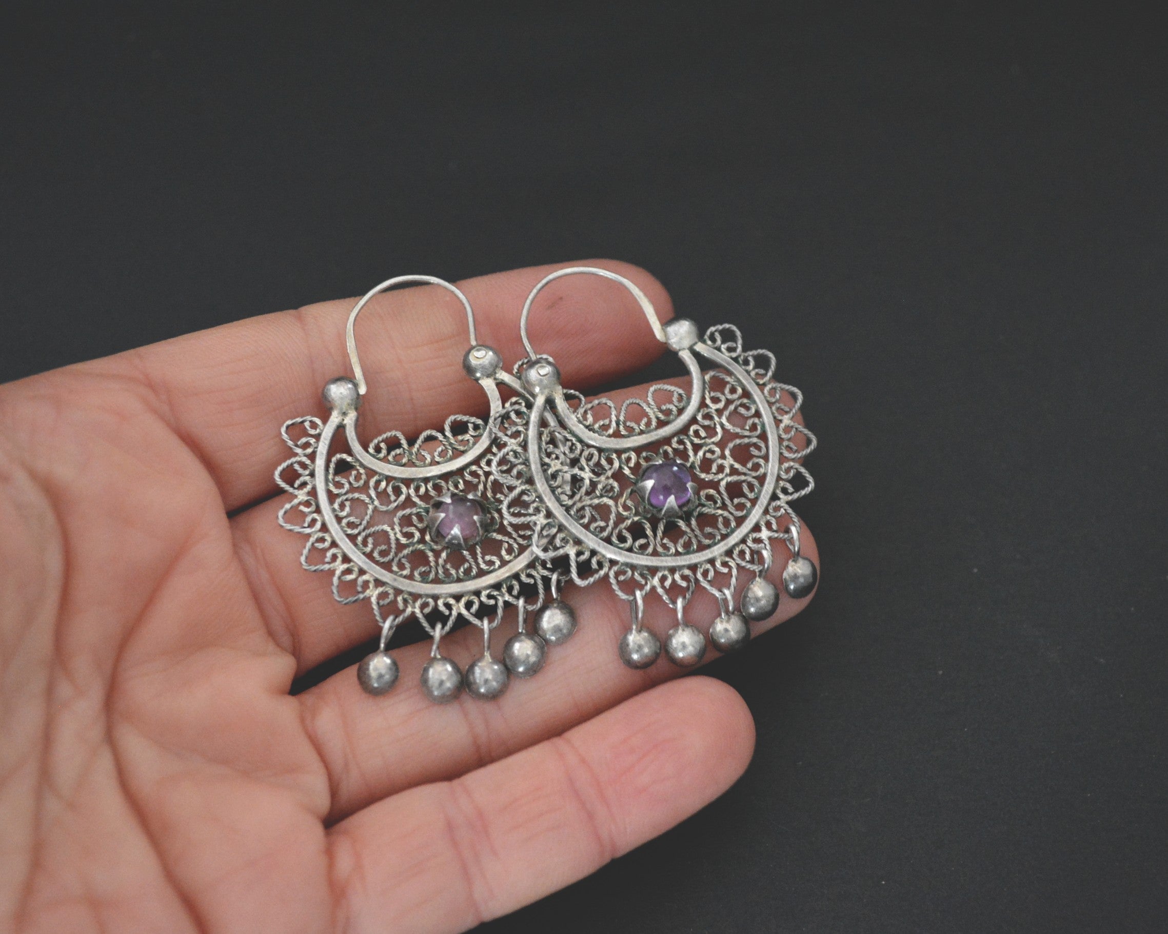 Filigree Silver Amethyst Hoop Earrings with Dangles