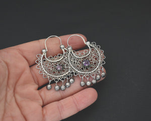 Filigree Silver Amethyst Hoop Earrings with Dangles