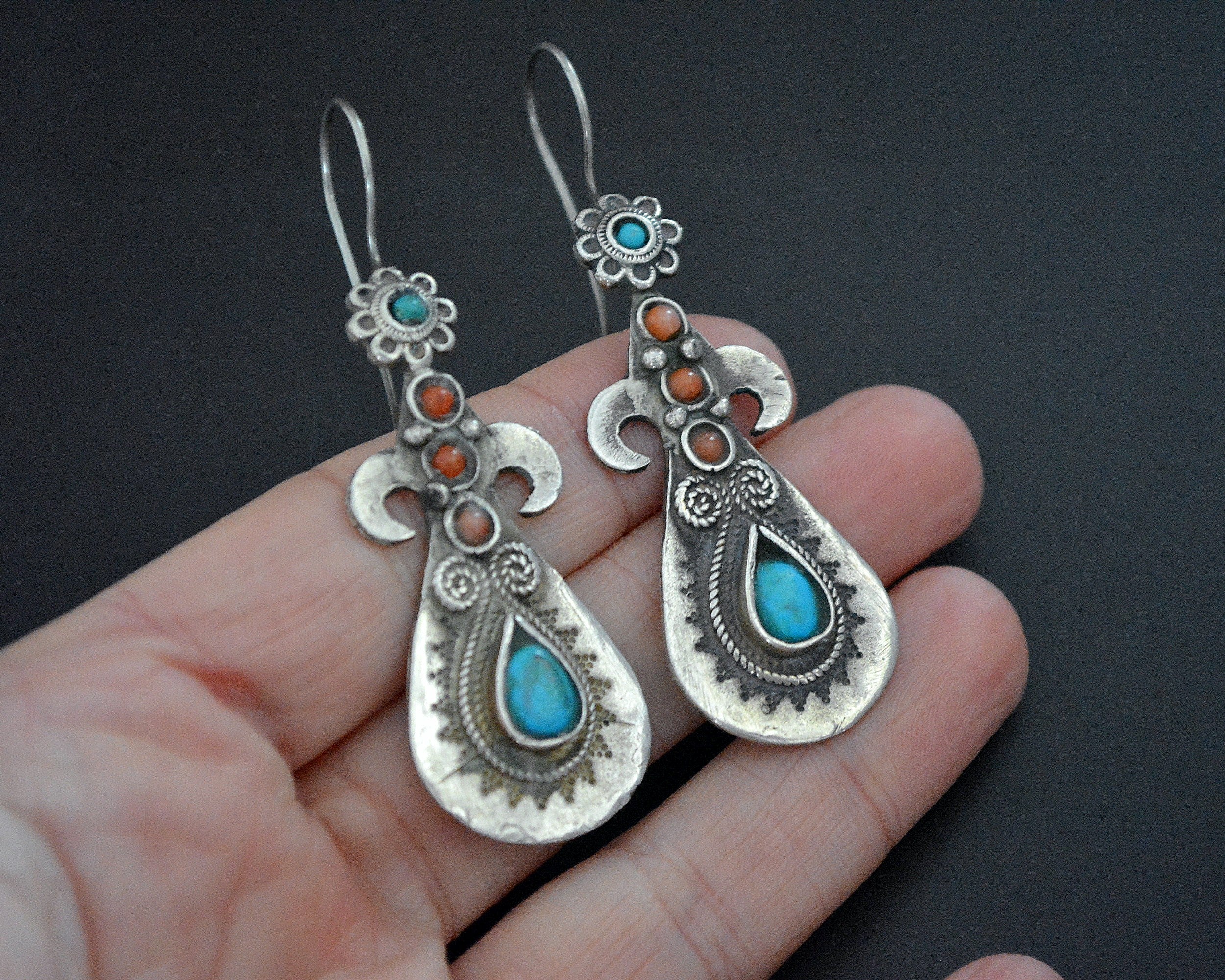 Pretty Uzbek Turquoise and Coral Earrings