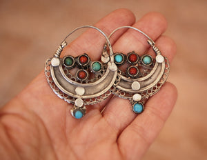 Antique Afghani Hoop Earrings with Turquoise and Coral