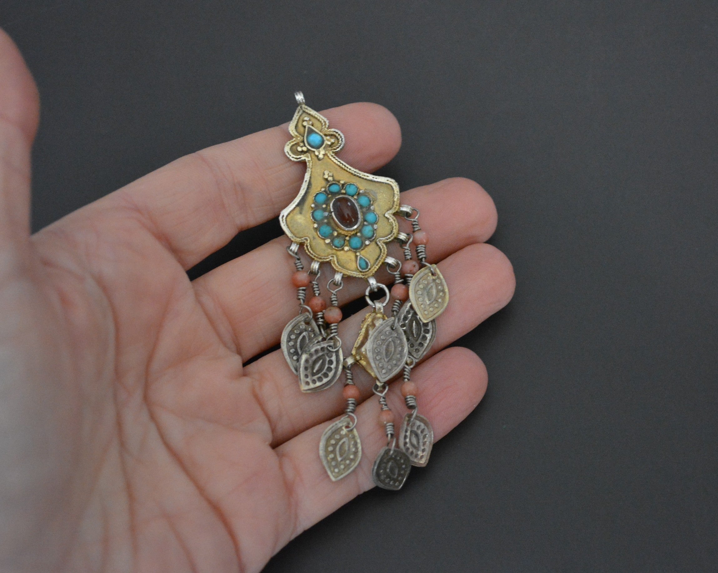 Gilded Uzbek Coral Turquoise Pendant