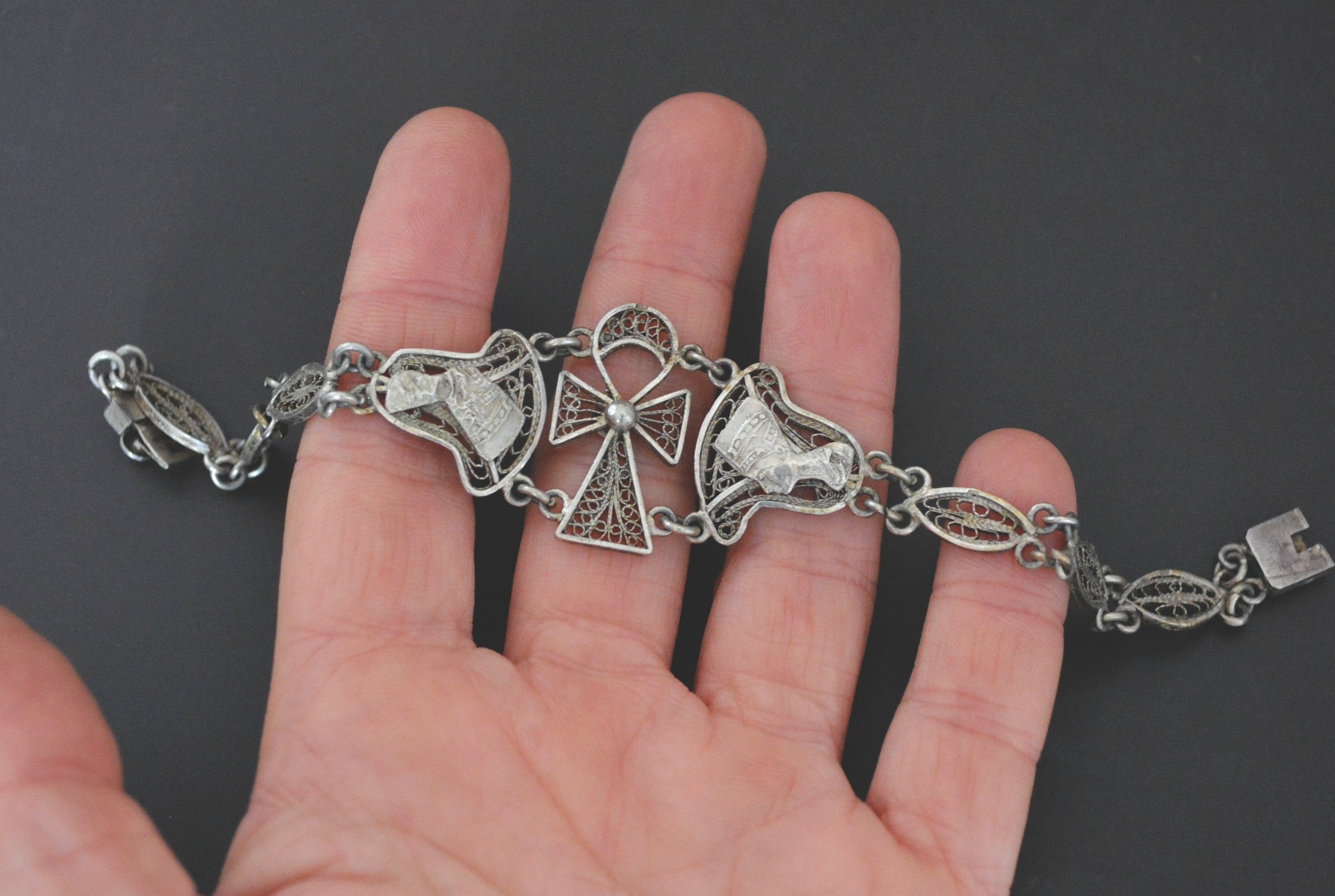 Egyptian Ankh Nefertiti Filigree Link Bracelet