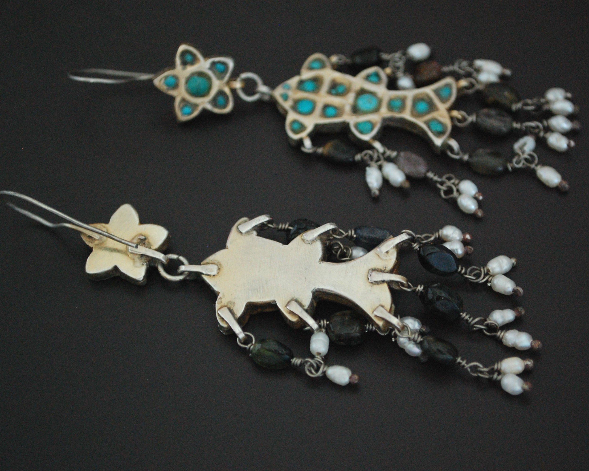 Long Uzbek Gilded Turquoise Pearl Earrings
