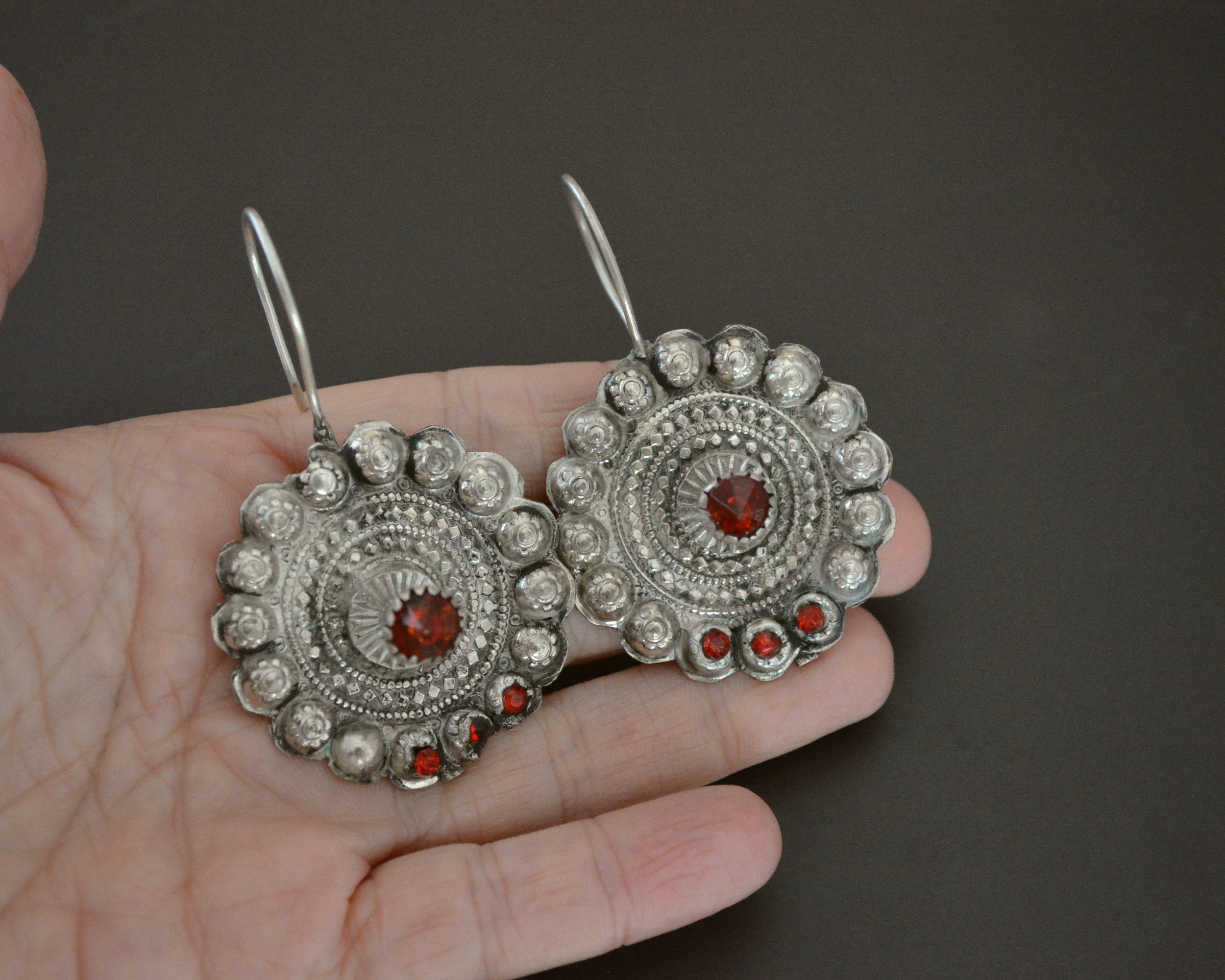 Large Afghani Disc Earrings with Red Glass