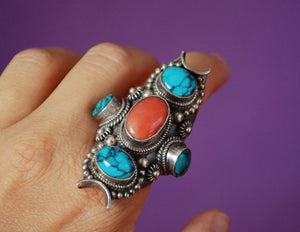 Huge Nepalese Turquoise Coral Ring - Size 8.5