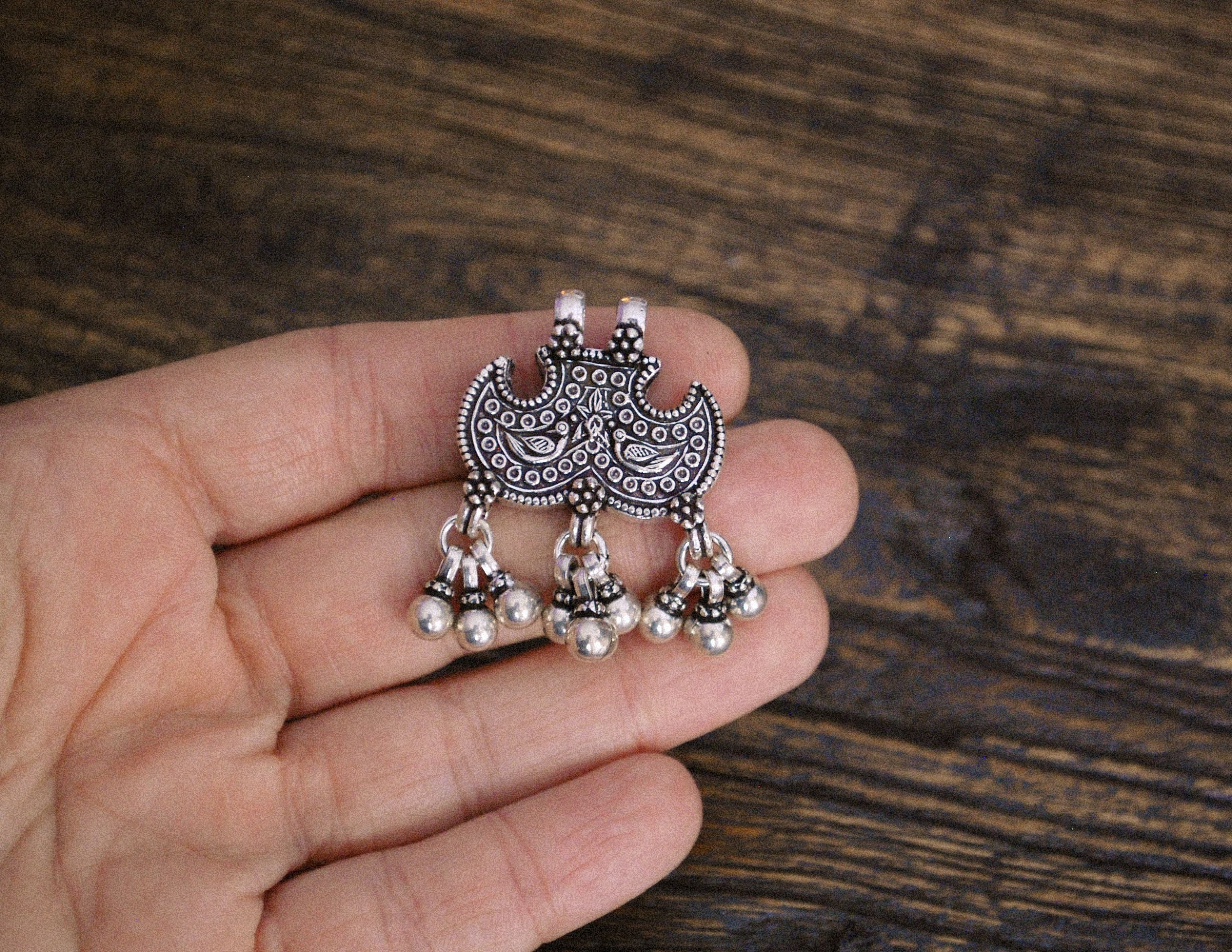 Rajasthani Silver Peacock Pendant with Bells