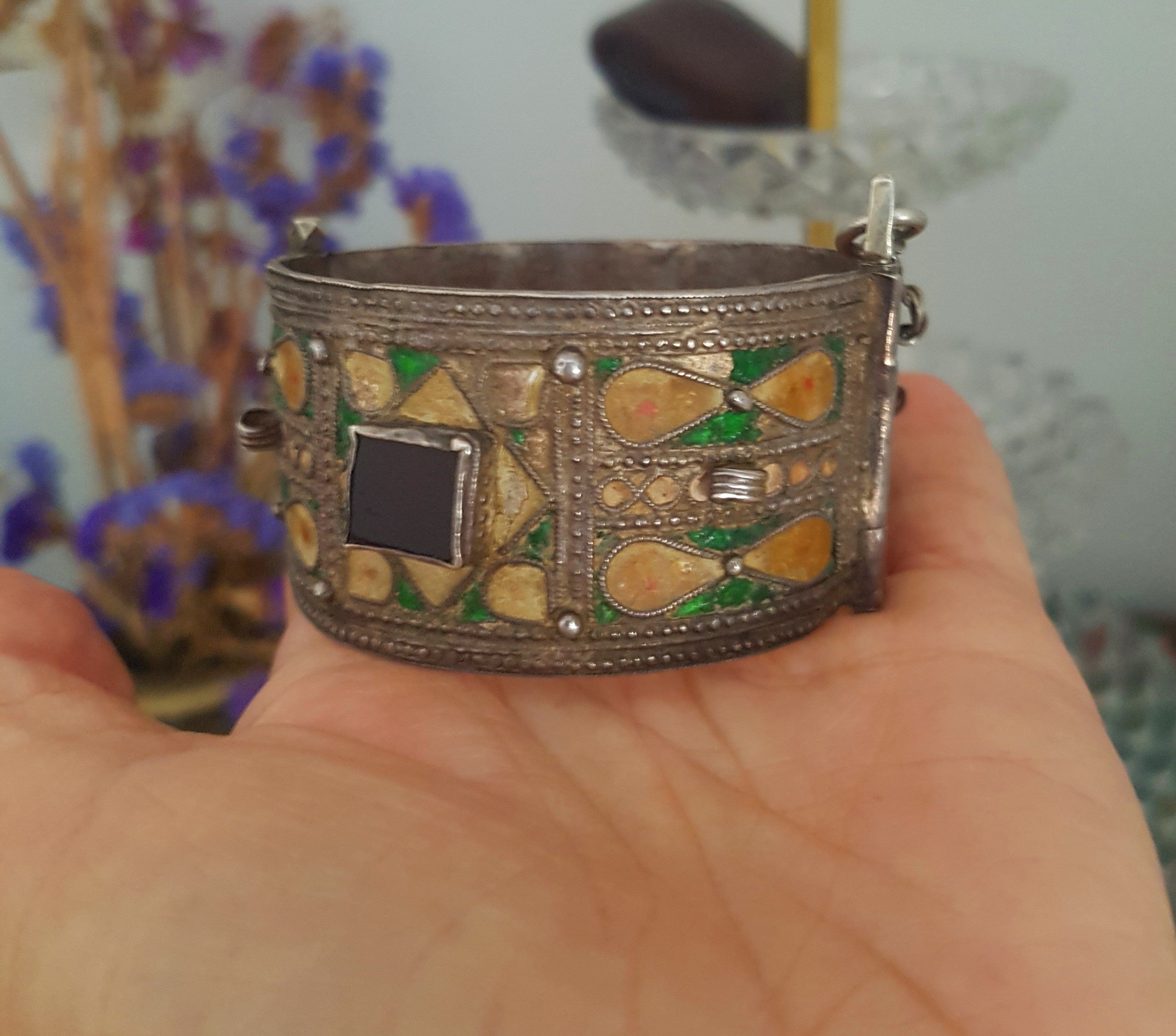 Reserved for R. - Berber Hinged Enamel Bracelet with Glass - SMALL