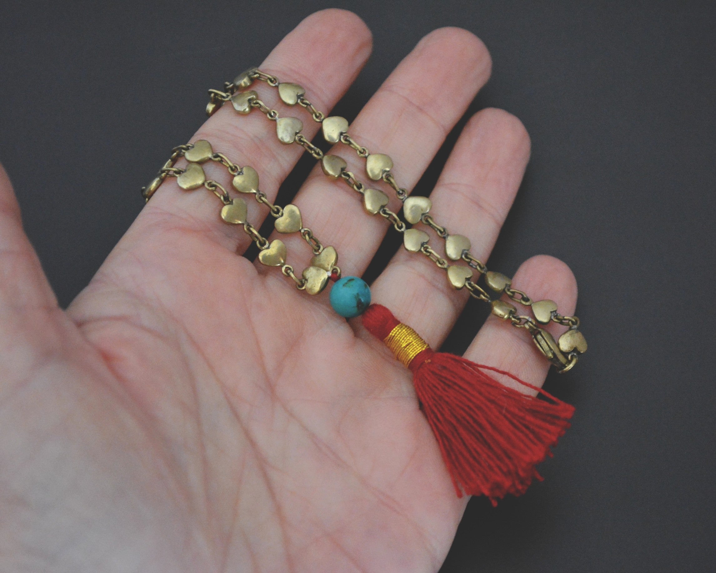 Nepali Brass Hearts Turquoise and Tassel Necklace