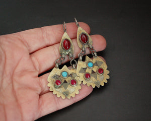 Vintage Turkmen Gilded Earrings with Glass Stones