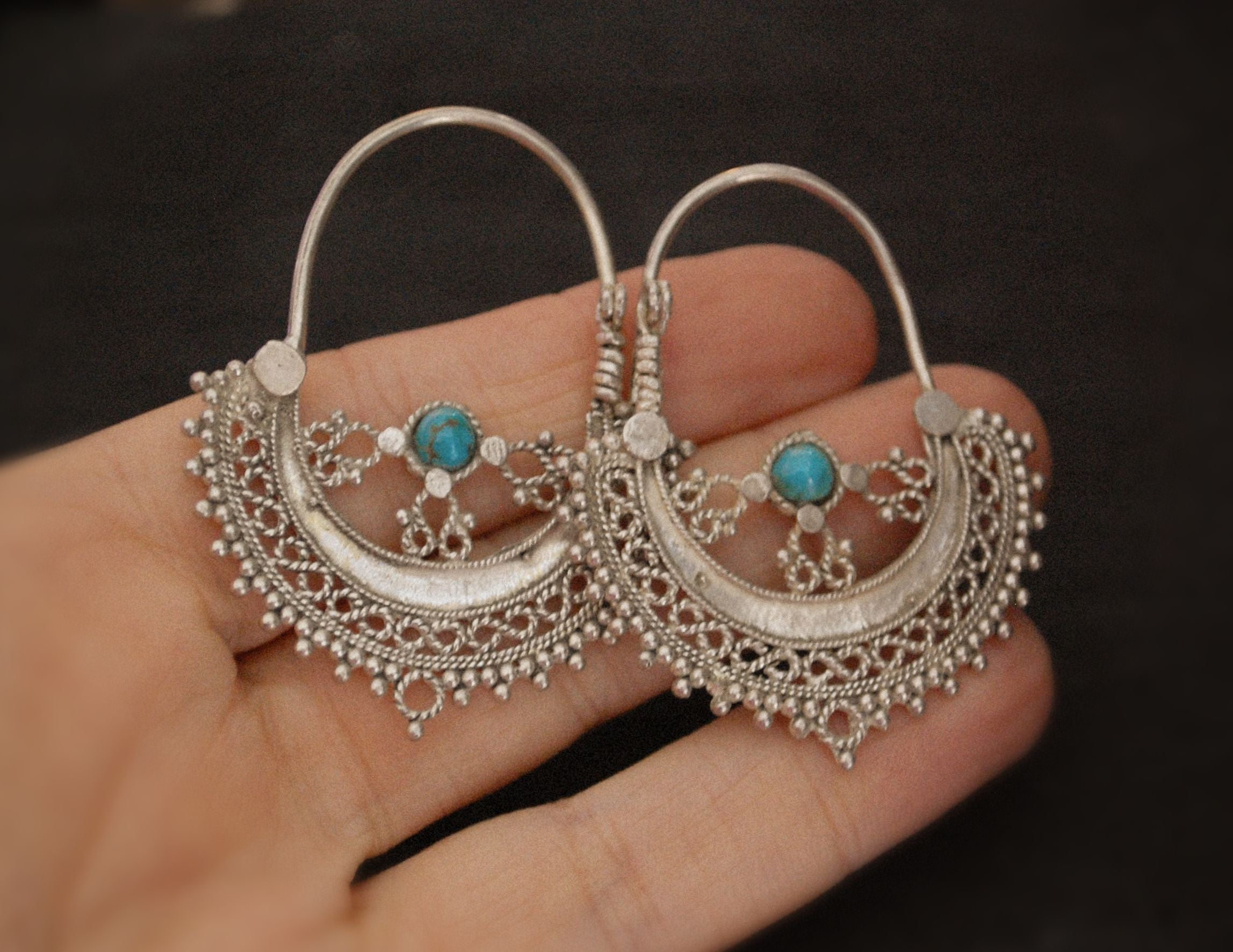 Antique Afghani Hoop Earrings with Turquoise