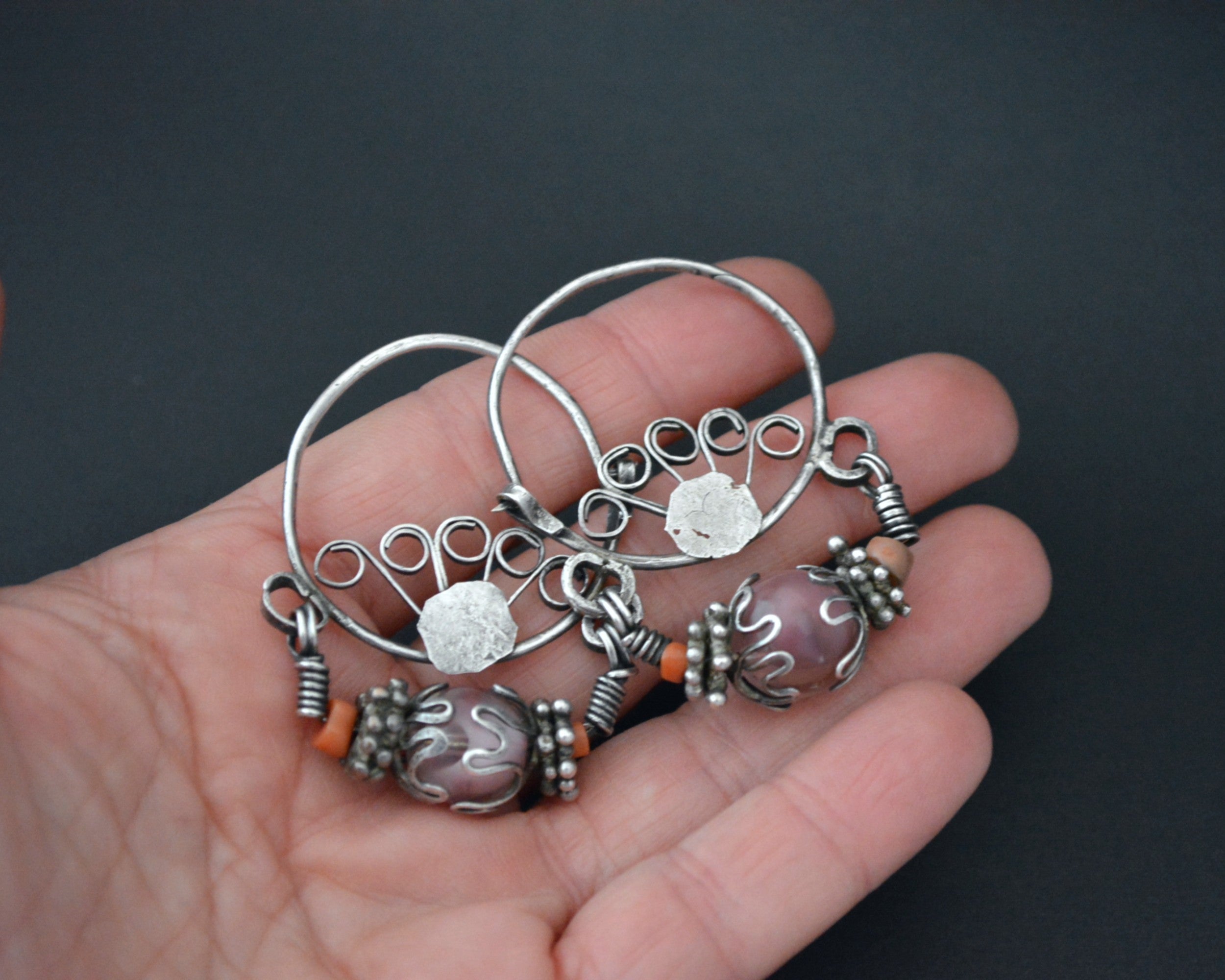 Uzbek Coral and Glass Hoop Earrings