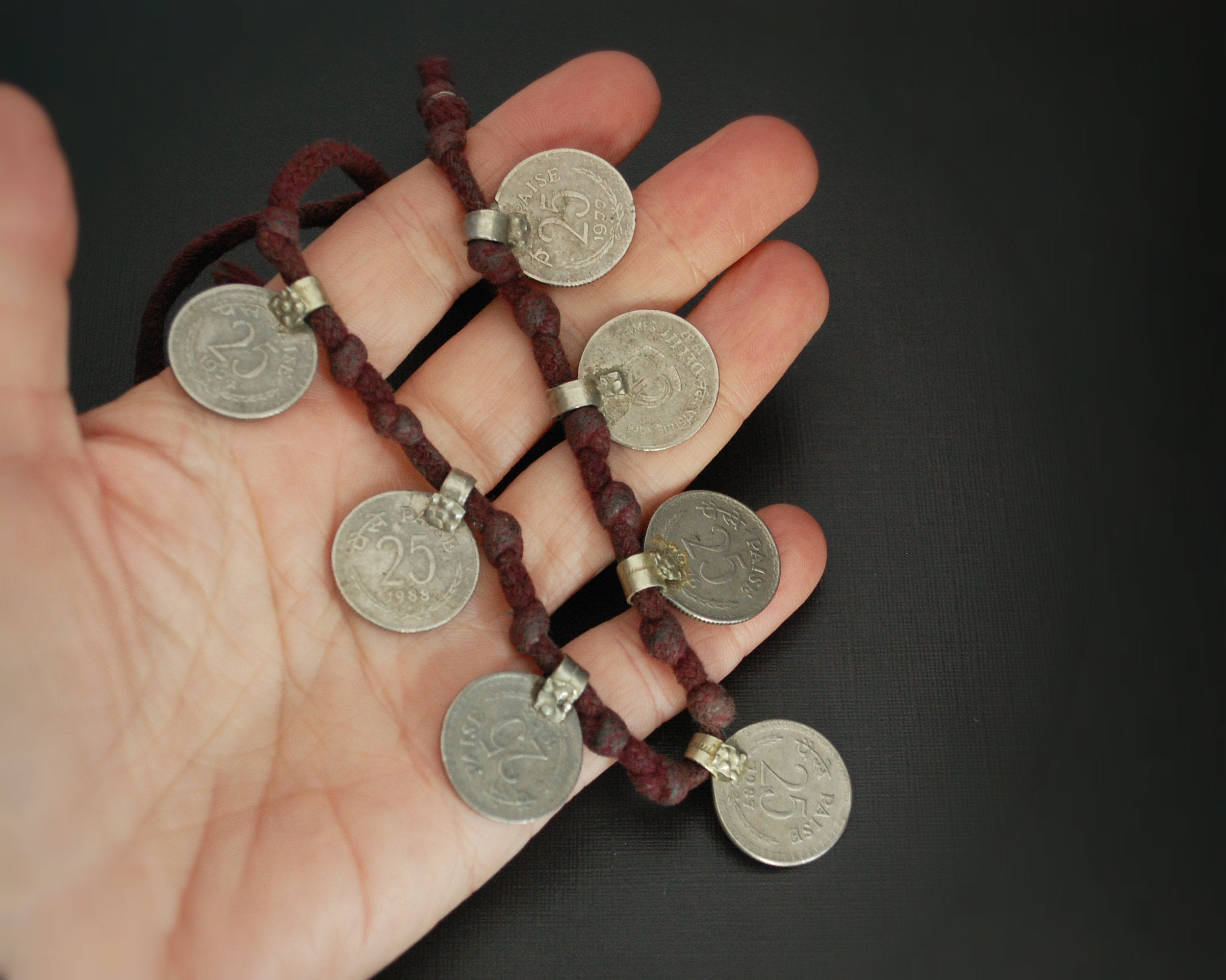 Old Indian Coins Necklace on Cotton Cord