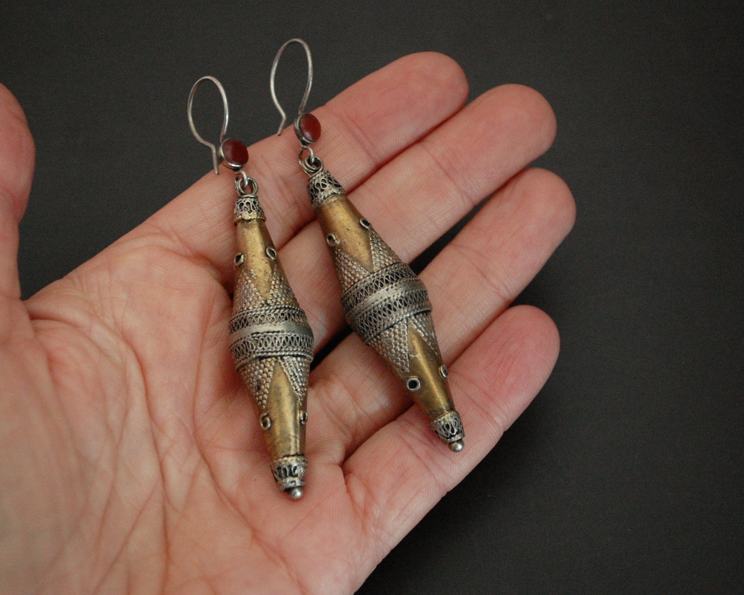 Kazakh Style Silver Gilded Earrings with Carnelian