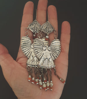 Uzbek Coral Pearl Earrings with Bird