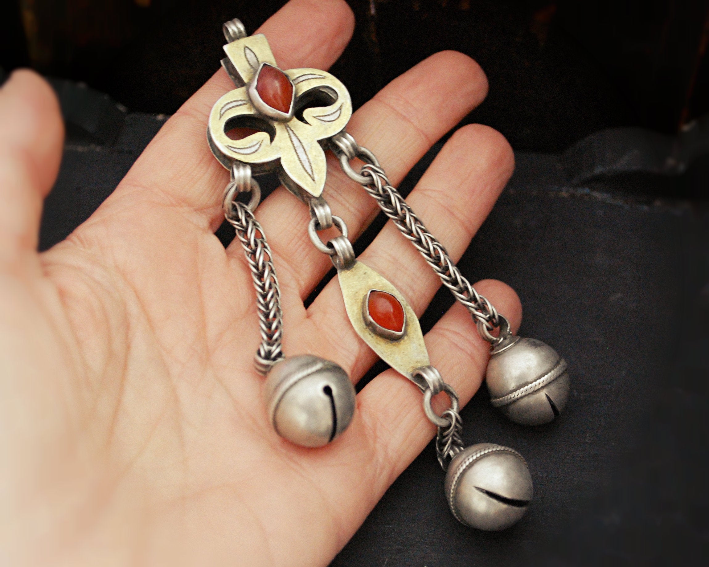 Antique Turkmen Pendant with Carnelian and Bells